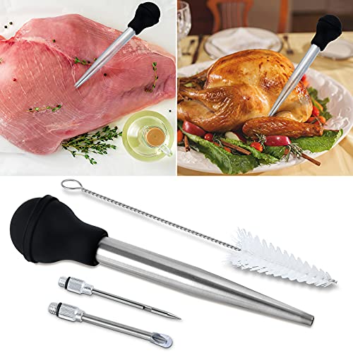 Turkey Baster Set w/Timer and Lacer – Stainless Steel Turkey Baster with Silicone Bulb, 2xPump Flavor Injectors, Silicone Brush, Pop-Up Timer, Turkey Lacer and Cleaning Brush, A Must For Thanksgiving
