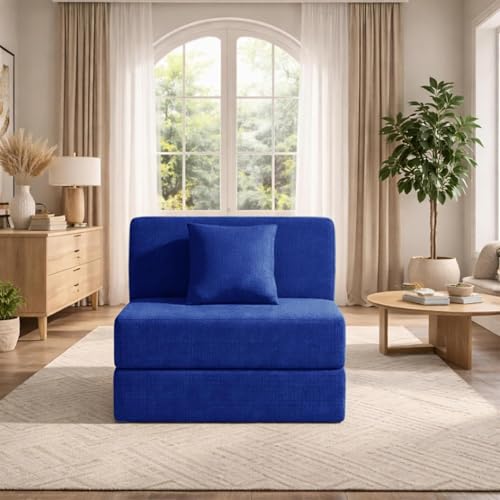 Image of Modern Jute Fabric Sofa Cum Bed with Cushion | 1-Seater Convertible Sleeper Sofa | Space Saving Folding Couch for Living Room, Bedroom & Guest Room-Blue