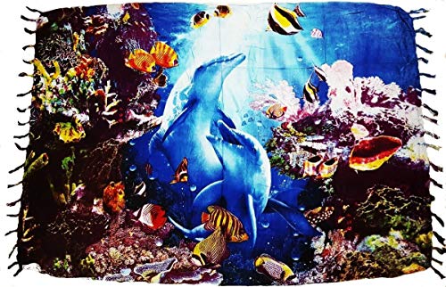 Canga De Praia Fundo do Mar Golfinhos Peixes (Azul)
