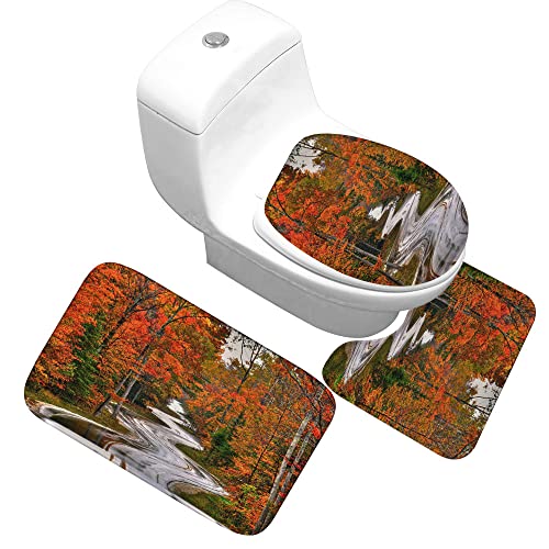 Badteppich Set,Badematten Teppich-Set 3-Teilig Redwood Tree Curving Creek 3D-Druck Rutschfeste Badematten Weiche…