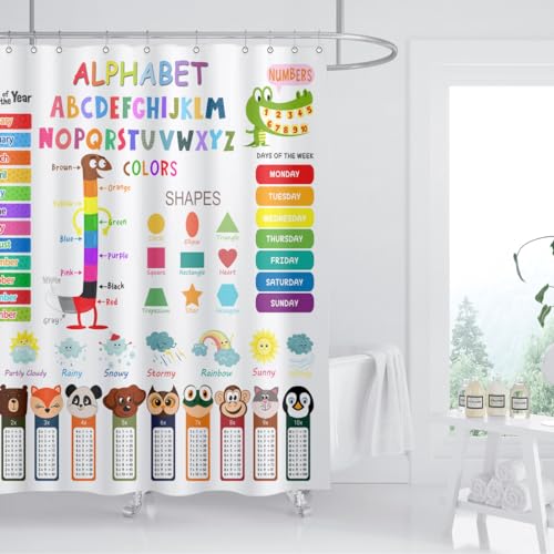 Image of Kids Educational Shower Curtain ABC Learning Tool Funny Cartoon Animals Colors Shapes Weathers Multiplication Table Girls Boys Colorful Decor Waterproof Fabric 72Lx60W Inch with Hooks