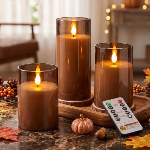 Image of Raycare Battery Operated Flameless Pillar Candles with Remote Timer, Gray | LED Acrylic 3D Flickering Warm Glow for Fall Home Decor, Hotel Spaces, Halloween, Thanksgiving Dinners, Christmas, Set of 3