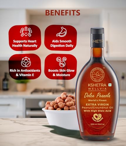Image of Kshetra Wellvia Extra Virgin Groundnut /Peanut Oil 1L Bottle | Dolce Peanola| High Oleic Cold-Pressed Oil for Heart Health | Rich in MUFA & Vitamin E