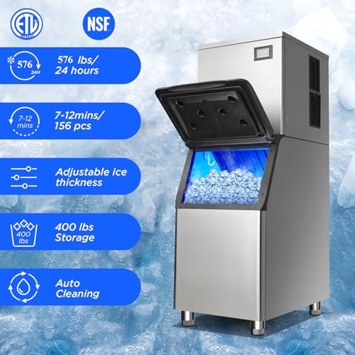 Image of Commercial Ice Maker Machine 576 Lbs /24H with 400LBS Large Storage Bin Ice Ready in Air Cooled Clear Cube Ice for Bar Business Cafe ETL NSF(576 Lb /)