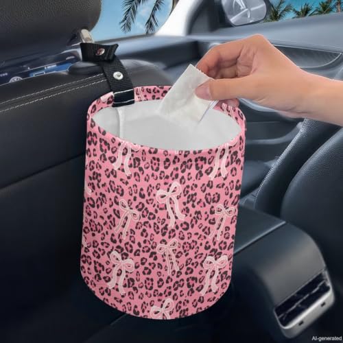 Image of Cute Bow Leopard Car Trash Can Hanging Car Garbage Bin Collapsible Waste Bin Auto Accessories Interior for Cars SUV Trucks