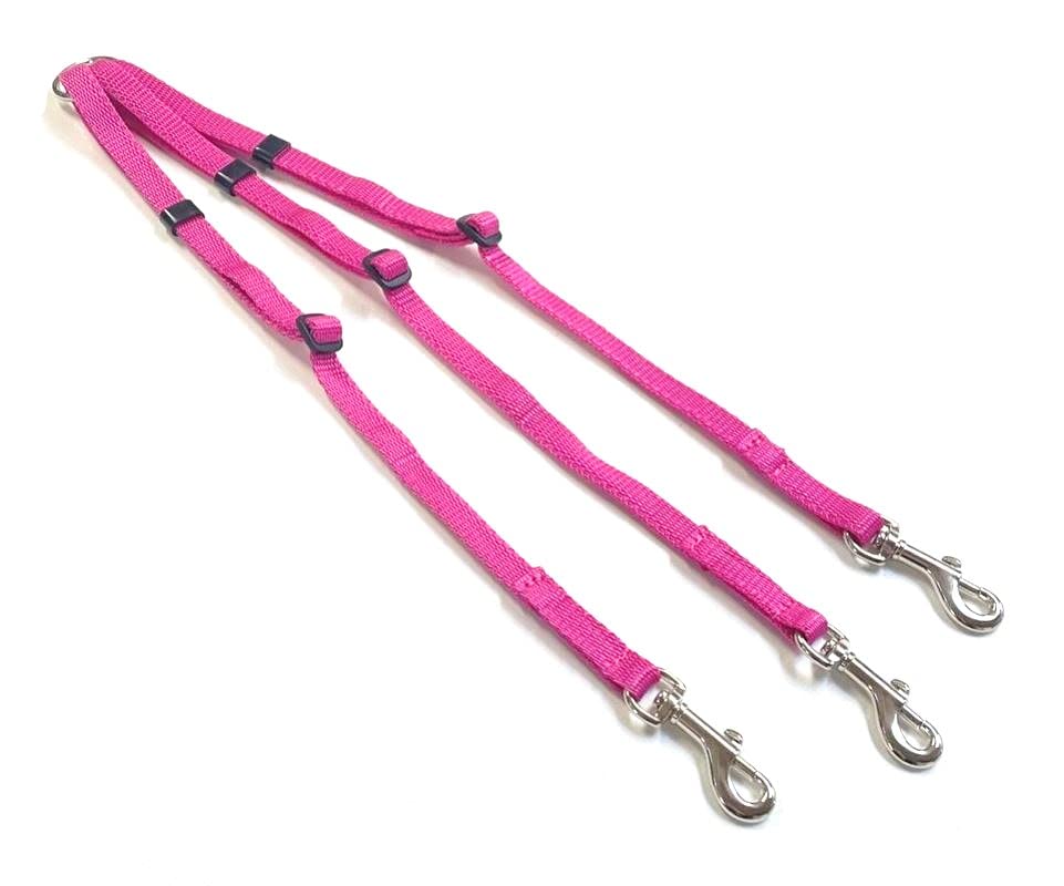 Dog Coupler/Splitter Lead Dual Walking Leash Adjustable 13mm Webbing 3 Way Splitter (Cerise)