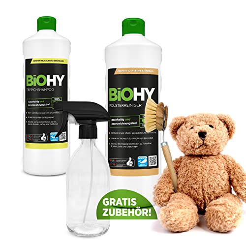 BIOHY Set Suave + Accesorios | Limpiador de Tapicería | Limpiador de Alfombras | Botella de Spray | Cepillo de Enjuague | Agente de Limpieza Sostenible y Eficaz | Efecto Rápido | Potente Concentrado