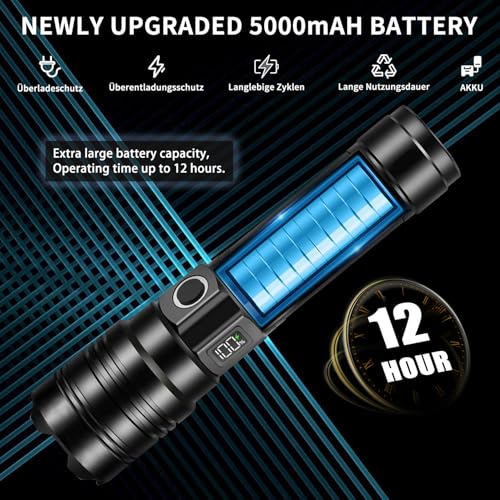 Azyvum Torcia Led Potente Professionale,1000000 Lumens Torcia Led Ricaricabile Usb,Torcia Tattica Militare, IP67 Torce Led Alta Potenza Ricaricabili Per Campeggio Trekking Emergenza - 5