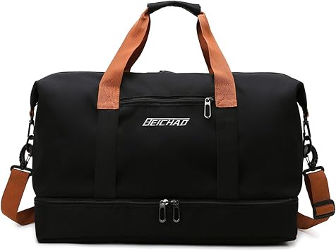 FANDARE Multipurpose Duffel Bag - Black, Medium to Large, Waterproof, Zipper Closure, Web Handle, Gym, Swim, Workout, Overnight, Carry On, Shoulder Bag with Luggage Sleeve & Shoe Compartment