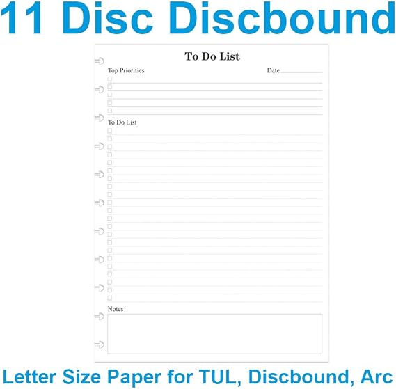 Letter Size TUL Discbound To Do List Refills, 11 Disc Daily Planner Insert, 100Sheets / 200Pages To Do Paper, 100gsm White Paper, 8.5'' x 11''