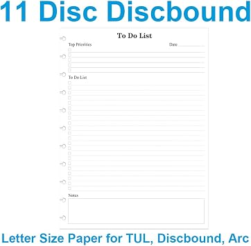 Letter Size TUL Discbound To Do List Refills, 11 Disc Daily Planner Insert, 100Sheets / 200Pages To Do Paper, 100gsm White Paper, 8.5'' x 11''