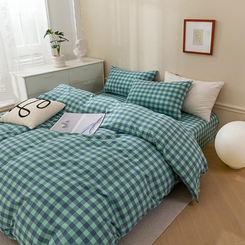 Image of EAVD Mini Grid Plaid Duvet Cover Twin Soft Cotton Green Blue Plaid Bedding Set with 2 Pillowcases Modern Simple Checkered Geometric Duvet Cover with Zipper Closure