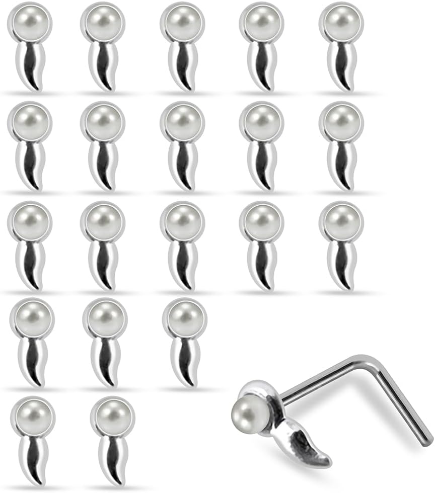 20 Pieces Box Set Plain Sperm with Pearl Ball Design 22 Gauge 925 Sterling Silver Ball End, Straight End, L Shape Nose Stud - Nose Pin - Tiny Nose Ring - Nose Piercing Body Jewelry