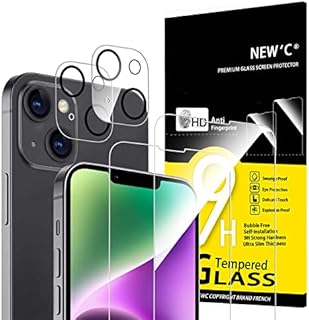 NEW'C Zestaw 4, 2 x Ochraniacz Ekranu do iPhone 14 (6,1") i 2 x Osłona ekranu aparatu - Odporne na zarysowania - Bez pęcherzyków powietrza - Ultra odporne - Szkło o twardości 9H