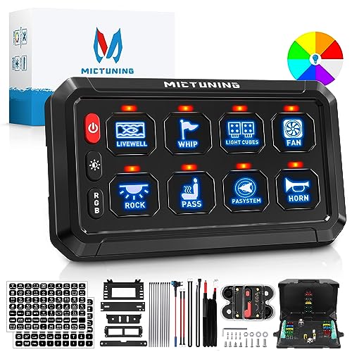 MICTUNING P1s RGB 5 Zoll 8 Gang Schalterpanel, Hohe Leistung 5 Stufe Helligkeit Multifunktions-Kippschalter Momentane Schaltung Kontrolle Relais System Box für LKW SUV Offroad Boot
