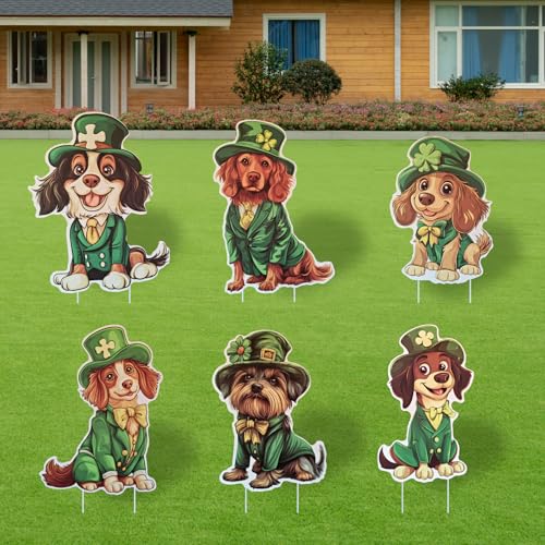 TEINSONET 6 Pcs St. Patrick's Day Yard Sign Dogs Decorations Green Plaid Glitter Outdoor Lawn Sign with Stakes for St. Patrick's Day Home Garden Irish Decorations Party Decor (6 pack dogs)