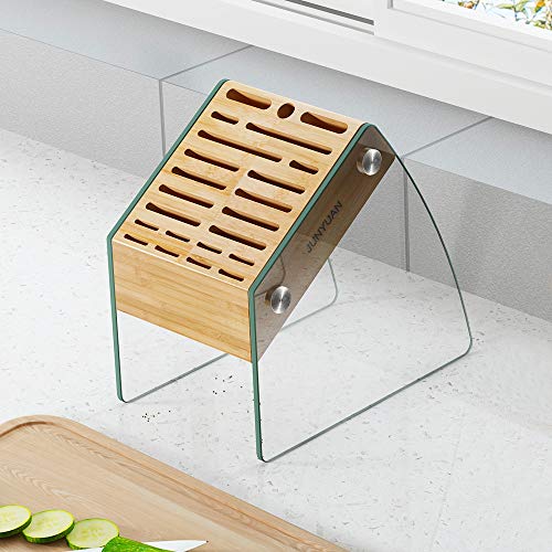 23 Slot Clear Knife Block Without Knives,Kitchen Knife Holder Organizer Stand Durable Bamboo Knife Dock Rack With Transparent Tempered Glass. #TOP3