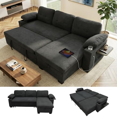 KCGKCG 93" L Shaped Sleeper Sofa Bed, Pull Out Sectional Couch with Storage Chaise/Reclining Backrest, Sectional Couches for Living Room with USB Port, Foldable Table, Cup Holder, Side Pocket, Black
