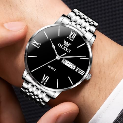OLEVS Watches for Men Silver Watch Black Face Mens Waterproof Watch Stainless Steel Analog Quartz Dress Luxury Men’s Wrist Watches Casual Minimalist with Day Date, Roman Numerals Relojes para Hombres — view 2