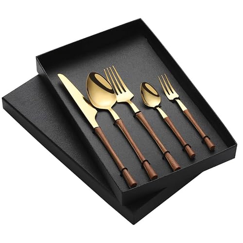 OLSKFUH Cutlery Flatware Cutlery Set, 5/20/30/40/50/60Pcs Stainless Steel Cutlery, Fork And Spoon, Imitation Wooden Handle,Gold-6Set