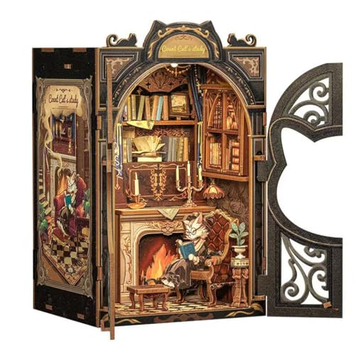 Image of PATPAT Earl Cat Bookstore DIY Miniature House Kit Book Nook Kit, Wooden Doll House for Adults, 3D Wooden Puzzle Bookshelf Decor, for Christmas, Birthday, Anniversary