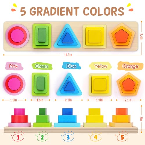 Image of Montessori Toys for 1 2 3 Year Old Boys Girls Toddlers, Peg-Free Wooden Toy | Heightened Sorting Stacking Toys, Birthday Gift for Baby Kid Age 18+ Month, Preschool Nested 3D Shape Sorter Learning Blocks