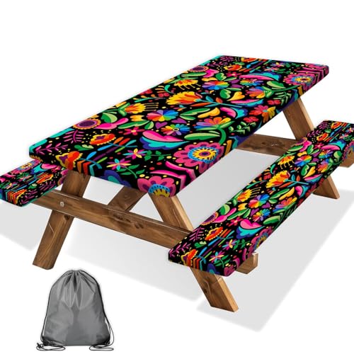 Grtuspr 72in Mexican Floral Picnic Table Cover Set with Bench Covers, Vibrant Cinco De Mayo Fiesta Fitted Elastic Windproof Waterproof Fabric Tablecloth, Camping Patio Outdoor Table Cover by Grtuspr - Used condition - US$17.48