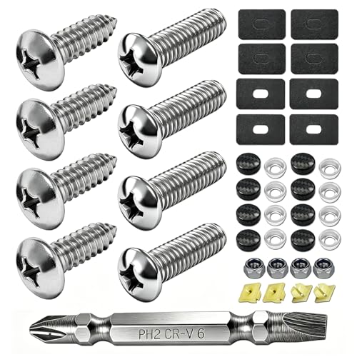 BGGTMO Stainless Steel License Plate Screws, M6*20mm (1/4" X 3/4") Rustproof Front & Rear Car Tag Fasteners with Carbon Fiber Caps- Machine Bolts Nuts+ Self-Tapping Screws + Screwdriver