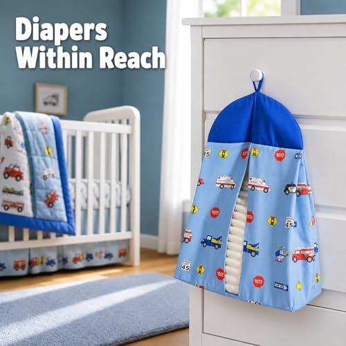 Image of EVERYDAY KIDS 4 Piece Boys Crib Bedding Set - Little Rescuer - Includes Quilt, Fitted Sheet, Dust Ruffle and Diaper Stacker - Nursery Bedding Set - Baby Crib Bedding Set
