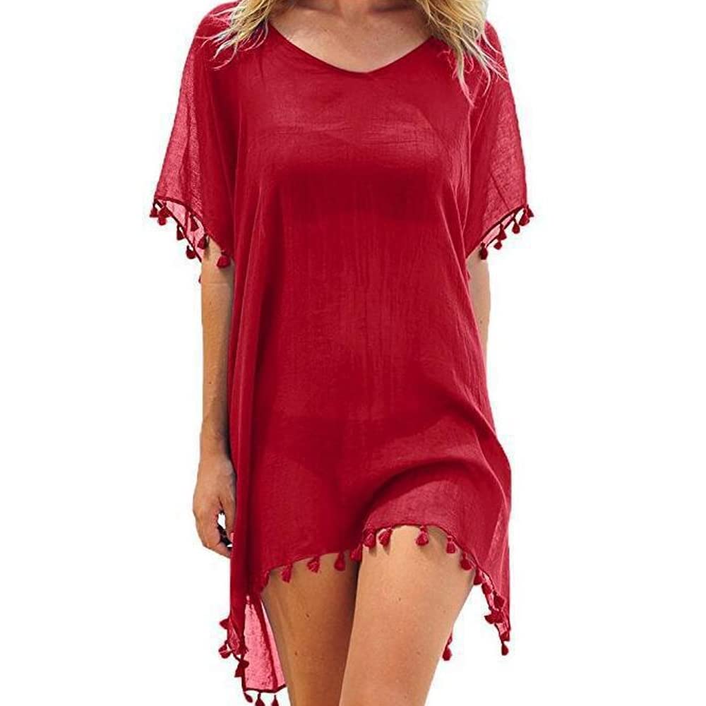FFWTPY Mujer Suelto Vestido de Playa V Cuello Gasa Camisolas y Pareos con Borla Ropa de Baño de Playa Transparente Bikini Cover Up