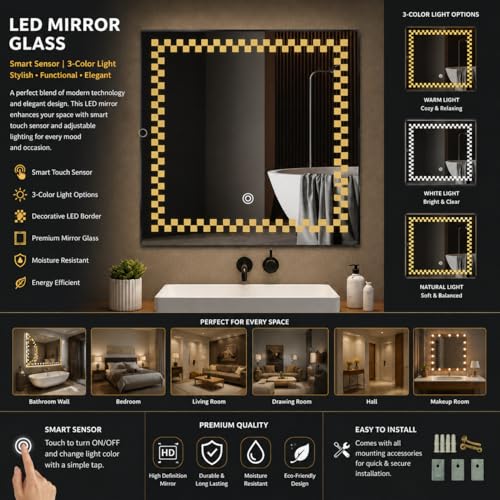 Image of LED Bathroom Wall Mirror with 3 Decorative Lights | Touch Sensor | Warm | Natural and Cool White | for Wash Basin | Bedroom | Dressing Area (Square, 18x18)