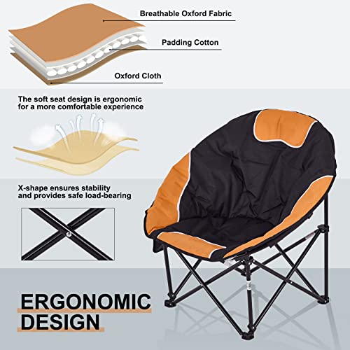 Oversized Folding Camping Chair Moon Chair For Adults Padded Round Outdoor Chair Leisure Portable Stable Recliner With Cup Holder Carry Bag Support 250 Lb For Hiking Fishing Picnic Lawn, Orange #TOP3