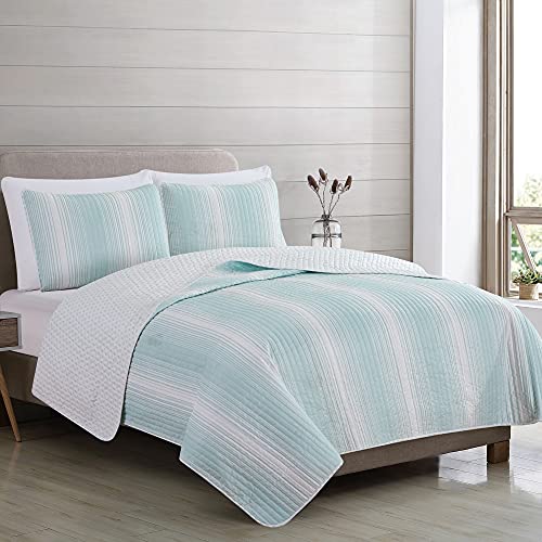 Great Bay Home Bedding Set, 3 Piece Reversible Blue Quilt Comforter With 2 Shams, Lightweight, All-Season, Modern Bedspreads, Ombre Striped Coverlet Sets, Everette - Seafoam Blue Collection, King #TOP1