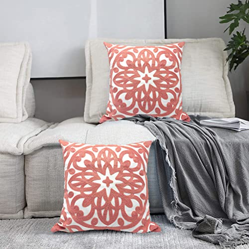 Alysheer Embroidered Decorative Throw Pillow Covers 18"X18" Set Of 2 Pieces, Cozy Boho Mandala Knit Pattern, 100% Cotton Dusty Rose Cushion Cases For Sofa Couch Living Room Gifts (Flamingo Pink) #TOP3