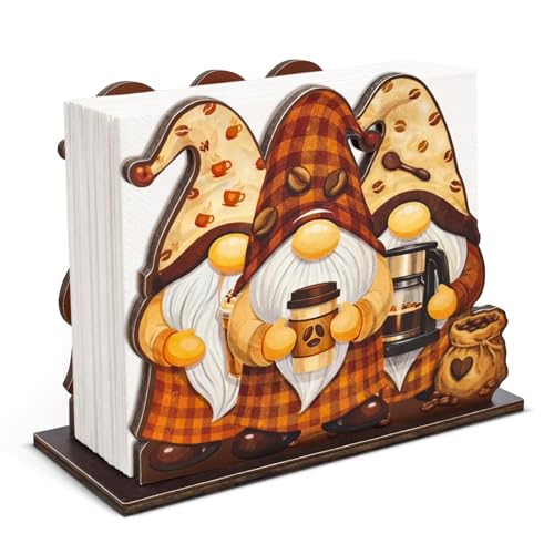 Cute Wooden Napkin Holder Coffee Gnomes Design Farmhouse Cafe Wood Napkin Holder for Table Kitchen Coffee Station Decor
