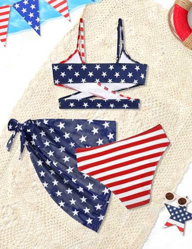 Image of NAPU 4th of July Girls Swimsuit 3 Piece American Flag Bathing Suit Girl Criss Cross Bikini Set with Cover Up 7-16 Years