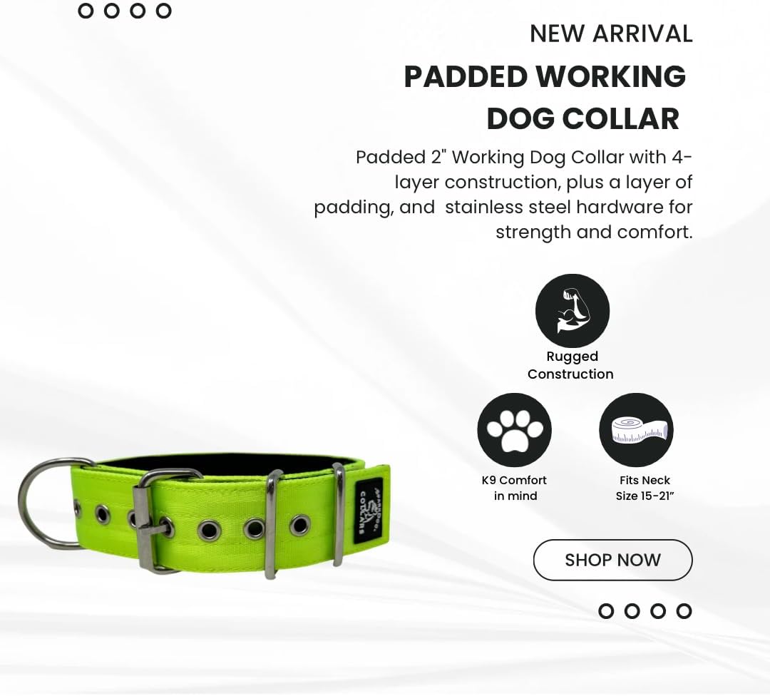 SparkDog Padded Working Dog Collar – 2” Wide, 4-Ply Nylon Seatbelt Webbing, Stainless Steel Hardware, Heavy Duty Buckle, Tactical K9 Collar for Large Dogs, Police & Working Dogs (Lime, 16-21" Large)