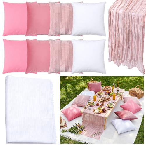 Yuntau Large Outdoor Boho Picnic Blanket with Table Runner 8 Pink White Red Pillows Covers No Pillow Summer Picnic Decor for Camp Birthday Party Bridal Shower Outdoor Backyard Garden(Pink)