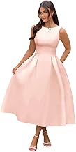 Boat Neck Satin Midi Prom Dresses Tea Length Scoop Back A Line Formal Evening Party Gowns