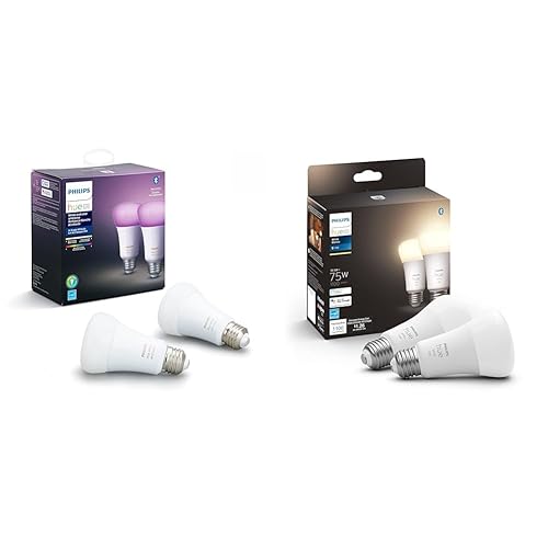 Philips Hue Smart 60W A19 LED Bulb - White and Color Ambiance Color-Changing Light & Smart 75W A19 LED Bulb - Soft Warm White Light - 2 Pack - 1100LM - E26 - White & Color Ambiance - 2 Pack - Base Lumen (60W) - Smart Bulb + Bulb