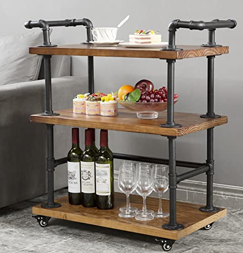 Industrial Bar Carts/Serving Carts/Kitchen Carts/Wine Rack Carts on Wheels with Storage - Industrial Rolling Carts - Wine Tea Liquor Shelves/Holder - Solid Wood and Metal Home Furniture