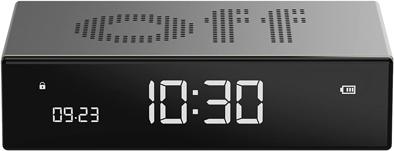 LexonFlip Premium Digital Alarm Clock - Rechargeable Desk Clock with On/Off Faces - Snooze Function, Pure VA LCD Display, Touch & Sound Sensor, Aluminum - Silver