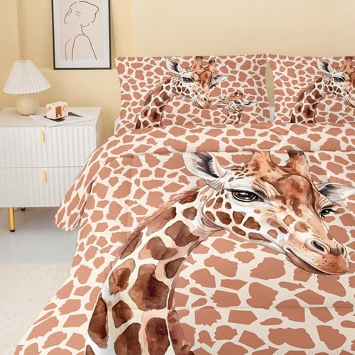Image of QOOMO Cartoon Giraffe Comforter for Girls Boys Watercolor Duvet Set Yellow Animal Bedding Set Twin Size with 2 Pillow Shams Lightweight Microfiber for All Seasons