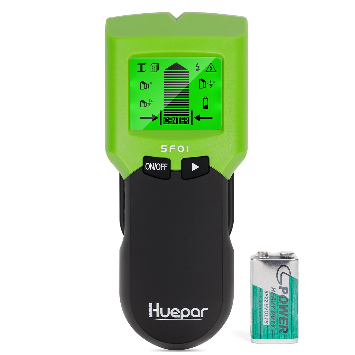 Huepar SF01 Stud Finder with a 9V battery, illustrating the power source.