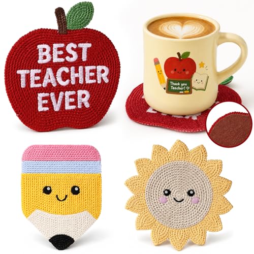 Slohif Cute Woven Drink Coasters Funny Gifts for Home Desk Coffee Table-Creative Teacher Crochet Decor Gift Office Cup Coaster Accessories for Women Family (3pcs)