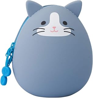 LIHIT LAB PuniLabo Mini Zipper Pouch, Egg-Shaped, 2.2" x 2.4", Gray Cat (A7782-4)