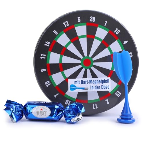 Heidel Schokolade für Männer Männerrunde Dartscheibe mit Pralinen in Metallbox - Perfekt für Vatertag Papa Männerrunde & als Dankeschön - Pralinen ohne Alkohol inkl. Metallpfeil & 7 Mini-Riegel