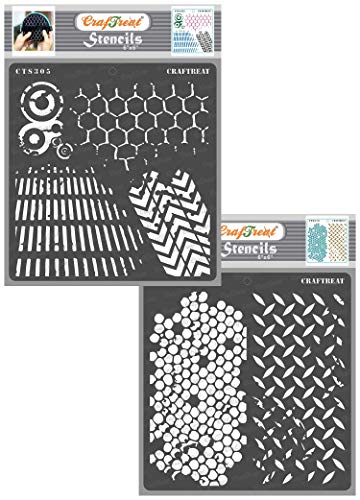 CrafTreat Pattern Stencils for Painting on Wood, Canvas, Paper, Fabric, Floor, Wall and Tile - Distressed Patterns 2 and Diamond Hive - 2 Pcs - 6x6 Inches Each - Reusable DIY Art and Craft Stencils