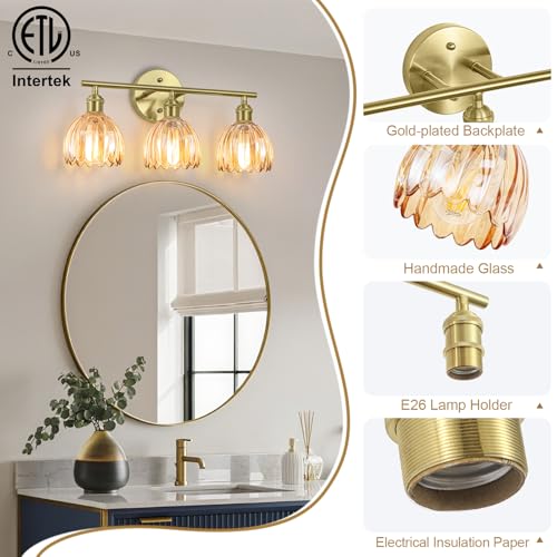 Image of Vintage Bathroom Light fixtures, Gold Vanity Lights, ETL Certified