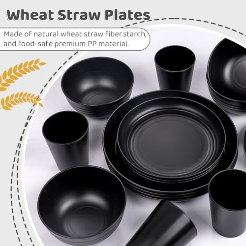 LIYH-Wheat-Straw-Dinnerware-Sets-Unbreakable-Dinner-Plates-for-4-Plates-and-Bowls-Set-Black-Plastic-Dinnerware-Set-Include-8Pcs-Wheat-Straw-Plates-4Pcs-Bowls-4Pcs-Cups-Dish-Set-for-KitchenCamping